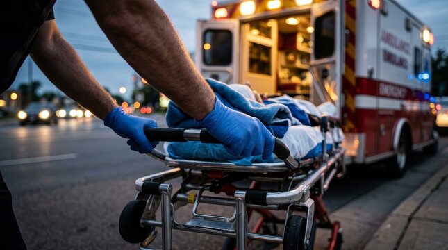 Close-up of paramedic hands in blue gloves moving a medical stretcher and patient toward an ambulance at dusk