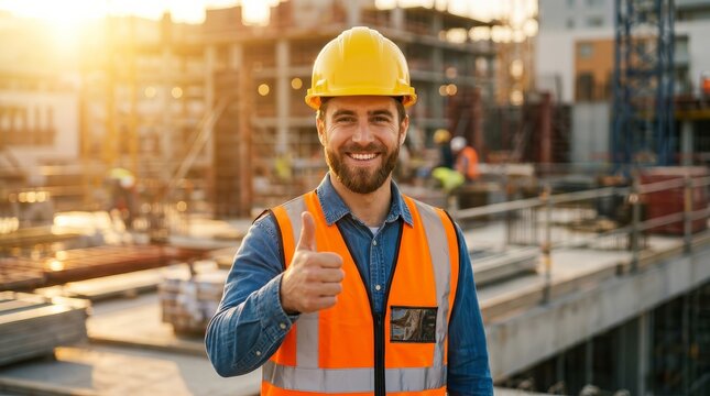 Successful constructor worker showing a thumbs up gesture for Labor Day celebration.