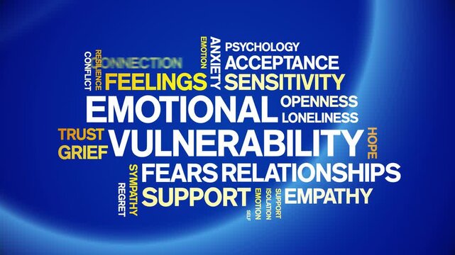 Emotional Vulnerability animated word cloud-text design animation tag kinetic typography seamless loop.