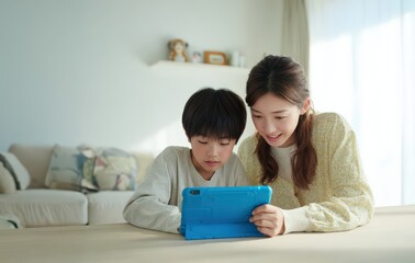 Naklejka premium 母子、タブレットを見る