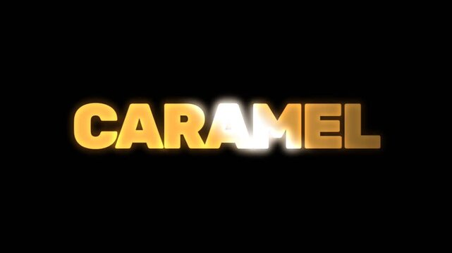 Warm and glowing caramel text animation with smooth light effect on dark background, perfect for dessert branding, food promos, and sweet themed videos.