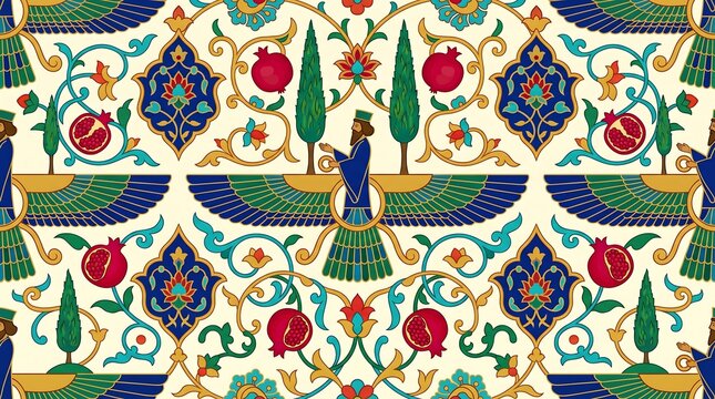 Ancient Persian Faravahar and Pomegranate Pattern.