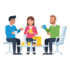 Fototapeta premium Three Colleagues Having Coffee Break and Talking in Office Illustration.
