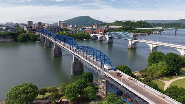 Aerial drone footage of Chattanooga Tennessee riverfront and Walnut Street Bridge on April 30 2026