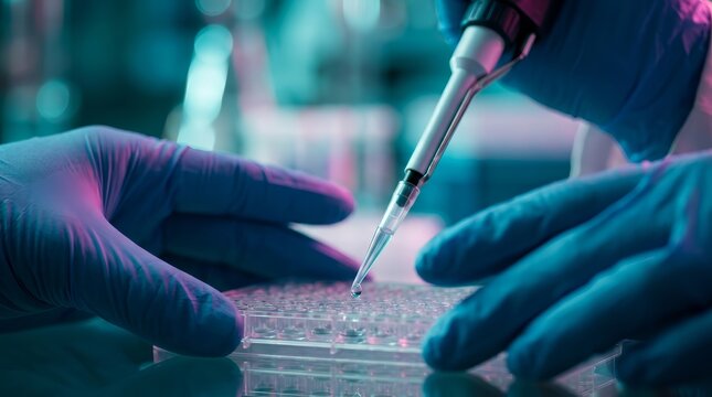 A scientist conducting an ELISA test and adding liquid to a microplate during medical research.