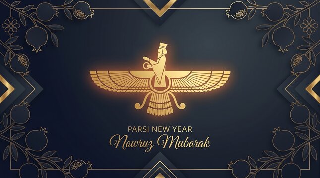 Golden Faravahar Symbol and Nowruz Mubarak Greeting on Dark Background.