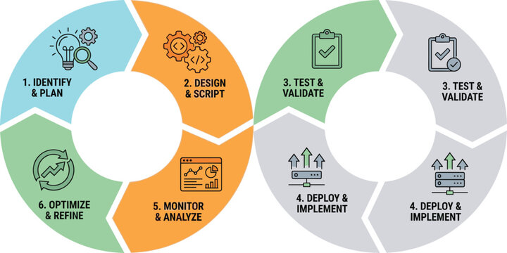 Continuous software development lifecycle infographic showing the circular process from planning and design to deployment and optimization.