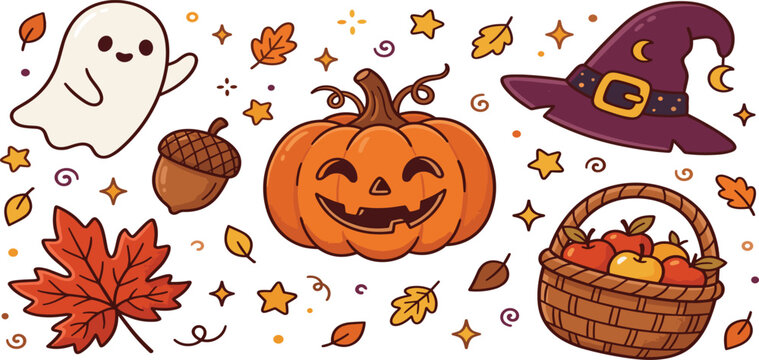Cute Halloween autumn set with ghost jack o lantern witch hat apple basket and fall leaves vectors
