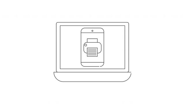 Laptop displaying a printer icon on screen, simple line art.