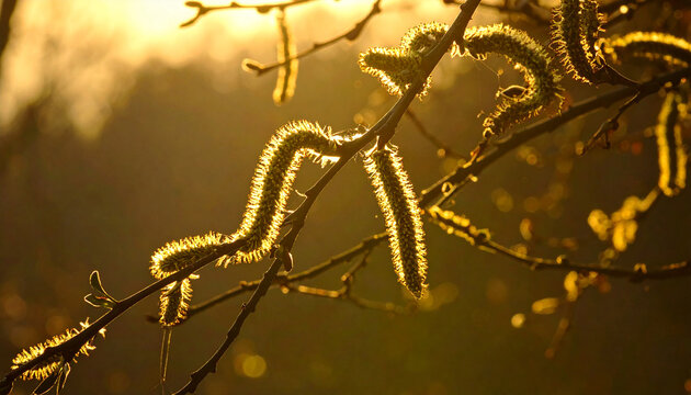 Willow catkins on a branch glowing in the warm morning sunlight