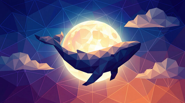 Low poly whale geometric moon night sky clouds abstract blue orange fantasy surreal peaceful digital art