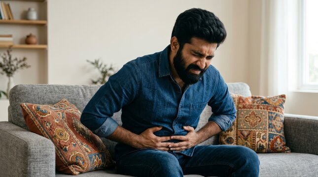 An Indian man in distress holding his stomach due to food poisoning and painful cramps on a couch.