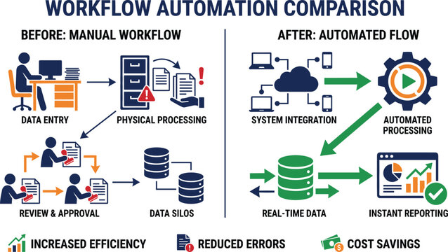 Workflow automation comparison infographic showing manual data entry and physical processing vs system integration and automated flow.