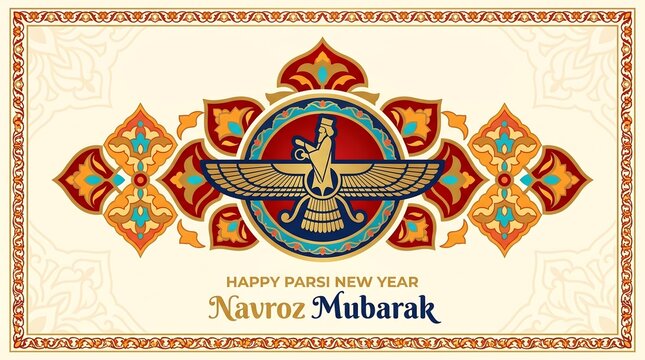 Happy Navroz Mubarak Persian New Year Celebration with Faravahar Symbol.
