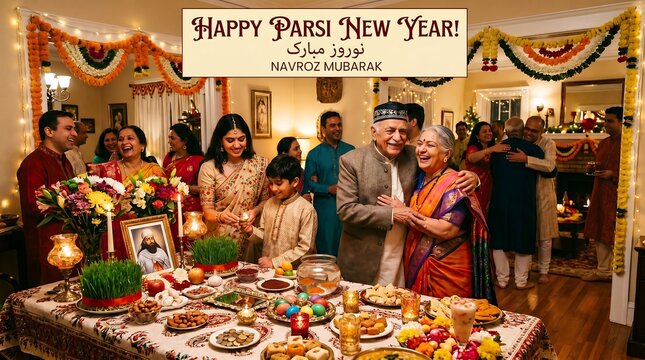 Happy Parsi New Year Celebration with Family and Traditional Haft-Seen Table.