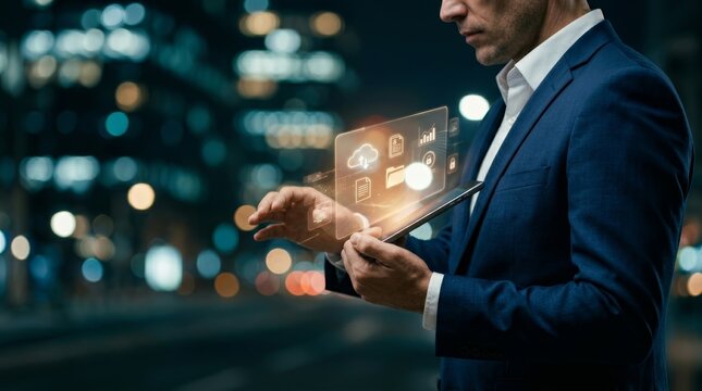 Business professional using a tablet for enterprise resource planning and document management.