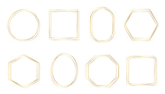 Elegant gold geometric frames set with thin luxury lines and subtle glitter accents. Collection includes circle, square, oval, hexagon and octagon shapes in modern minimal style. Clean decorative bord