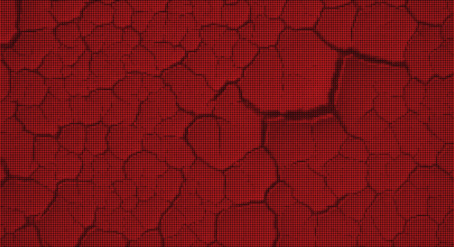 Vibrant red cellular crack pattern with dark halftone dot texture creating a biological or tectonic structure