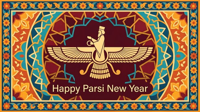 Happy Parsi New Year Faravahar Symbol with Traditional Persian Rug Pattern.