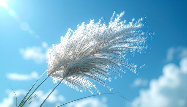 A delicate white feather grass plant captured against a vibrant blue sky, highlighting softness, texture, and minimalist natural beauty.
