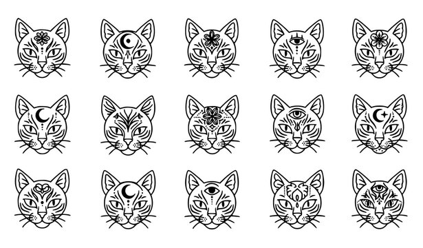 Ornamental cat head tattoo vector set with mystical feline faces floral mandala and geometric decorations