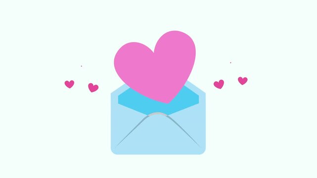Animated hearts emerge from an opened light blue envelope, symbolizing messages of affection and passion in a charming, dynamic motion graphic on a white background.