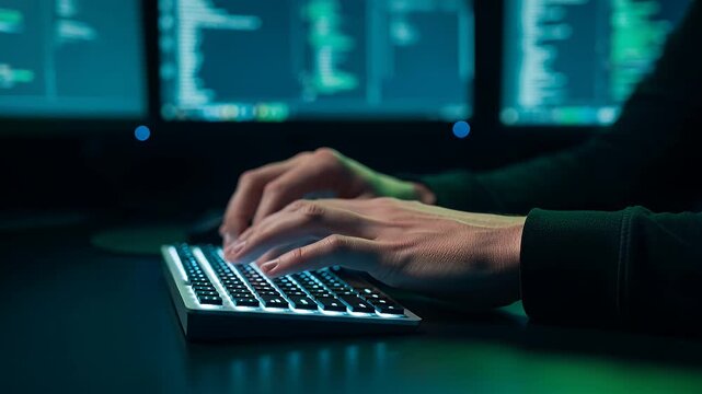 hands typing on backlit keyboard in dark tech setup with code on screens