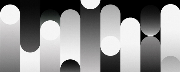 Minimal monochrome composition with parallel elongated rounded shapes, soft gradients and grain texture. Abstract vertical stripes, black circles on a white background. Dark theme © JUBO SIAK