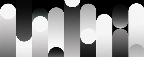 Fotobehang Ombre Minimal monochrome composition with parallel elongated rounded shapes, soft gradients and grain texture. Abstract vertical stripes, black circles on a white background. Dark theme  © JUBO SIAK