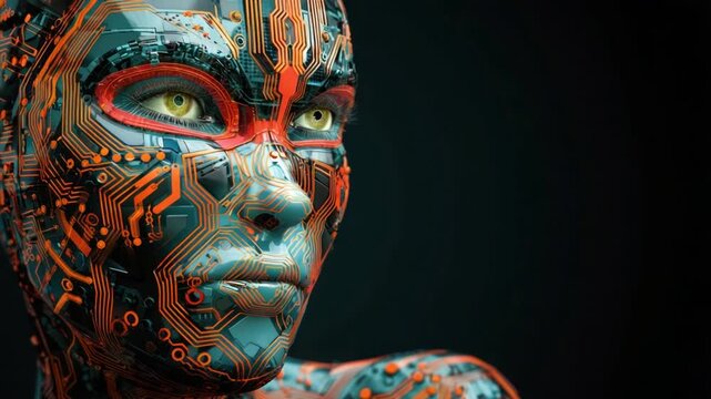 Abstract cyborg portrait with circuit board patterns and glowing eyes