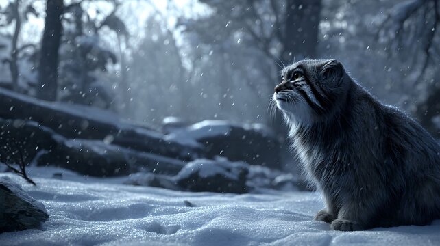Pallas's cat in a winter night forest, contemplation and connection with nature concept