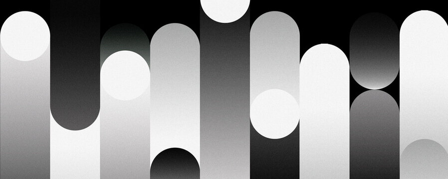 Minimal monochrome composition with parallel elongated rounded shapes, soft gradients and grain texture. Abstract vertical stripes, black circles on a white background. Dark theme