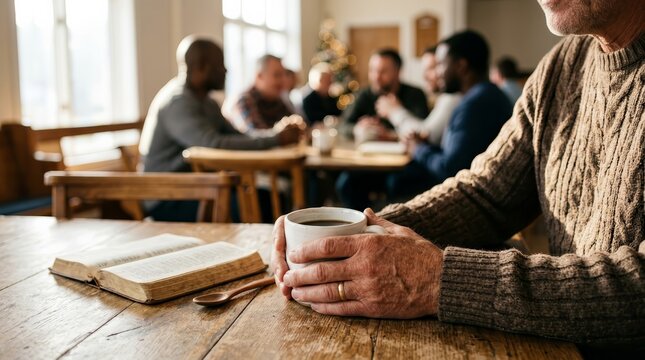 Men's breakfast group with coffee cups and Bible study materials in a church hall.
