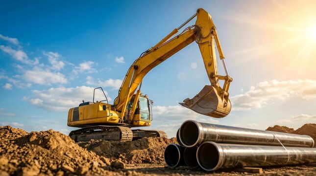 Heavy machinery excavator working on a trench for new sewer pipe installation.
