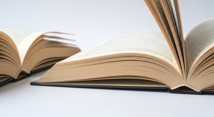 Fototapeta premium Two open books with yellowed pages on white surface