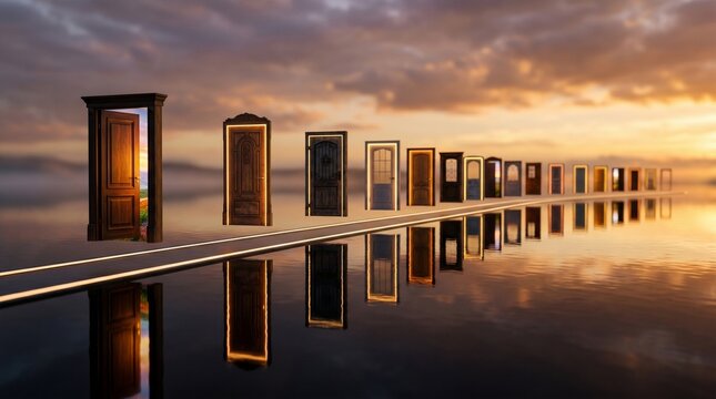 A long path with multiple doors leading to a bright, open doorway, symbolizing opportunity and choices on a reflective surface