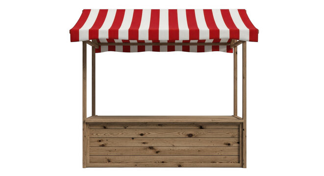 Wooden market stall with red and white awning