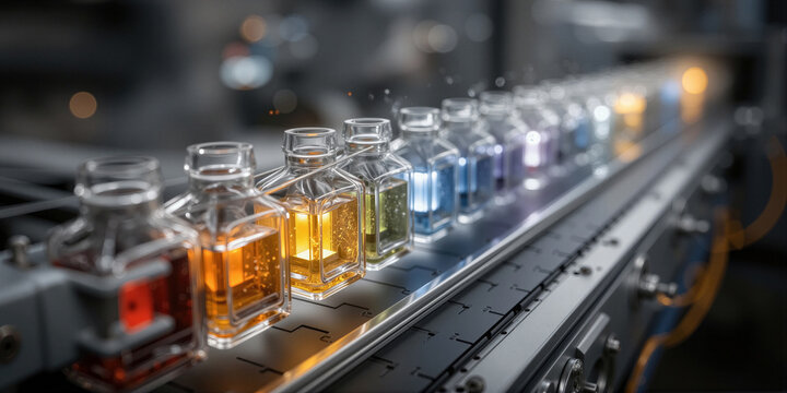 Brightly colored liquid glass bottles rapidly traverse conveyor system with imaging technology