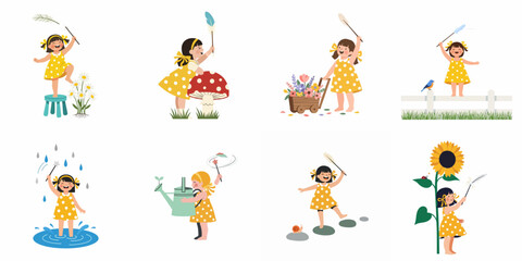 Fototapeta premium Set of eight cute illustrations of a little girl in a yellow polka dot dress enjoying outdoor activities, flowers, and nature play.