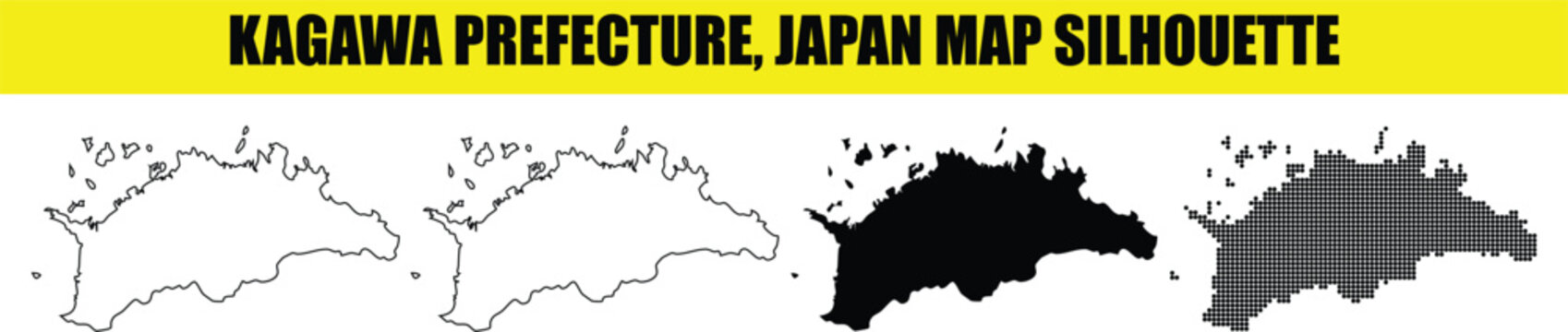 Kagawa prefecture map silhouette set featuring outline solid and dotted styles on transparent background for japanese design.