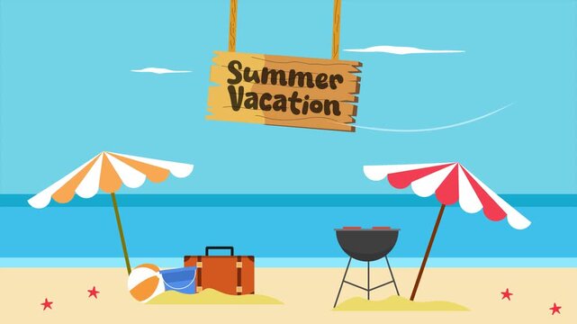 Barbecue setup near beach vacation scene. Summer Vocation concept. Full length Icon animation illustration. High quality&nbsp;4k&nbsp;footage
