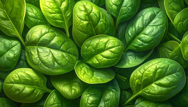 Top view close-up of fresh baby spinach leaves filling the entire frame, rich green tones, delicate textures, crisp detail, soft natural lighting, full-frame composition.
