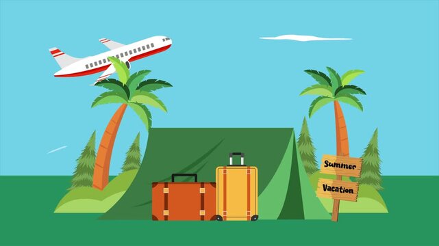 Camping tent with luggage summer trip. Summer Vocation concept. Full length Icon animation illustration. High quality&nbsp;4k&nbsp;footage