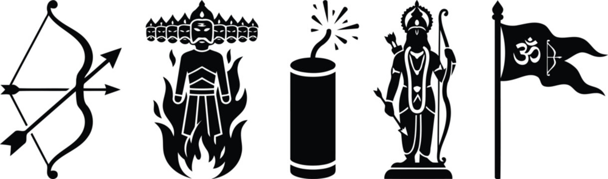 flat vector icon set of Dussehra symbols, including a bow and arrow, a burning effigy of Ravana, a firecracker, a wooden idol, and a victory flag, simple black silhouette, white background