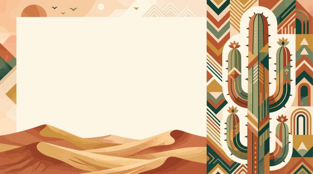 Southwestern desert landscape with sand dunes and a large saguaro cactus, featuring geometric patterns and a blank frame for text or content.