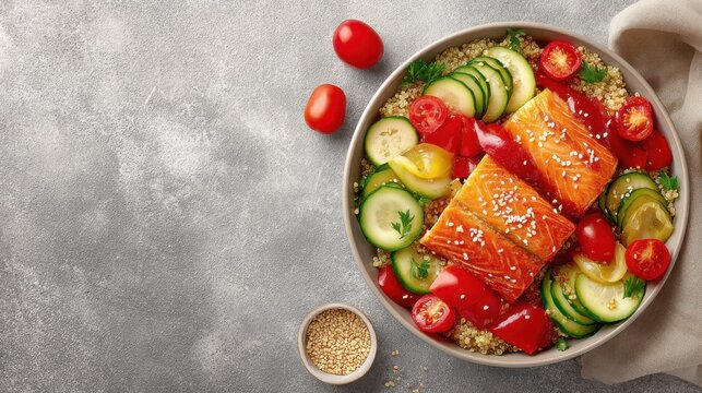 Baked or fried salmon and salad, Paleo, keto, fodmap, dash diet. Mediterranean food with steamed fish. Oven asian dish with teriyaki. Healthy concept, gluten free, lectine free, side view