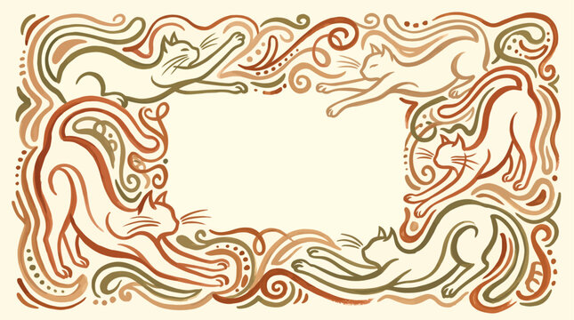 A decorative border featuring stylized cats in stretching poses, intertwined with swirling organic patterns in earthy tones.