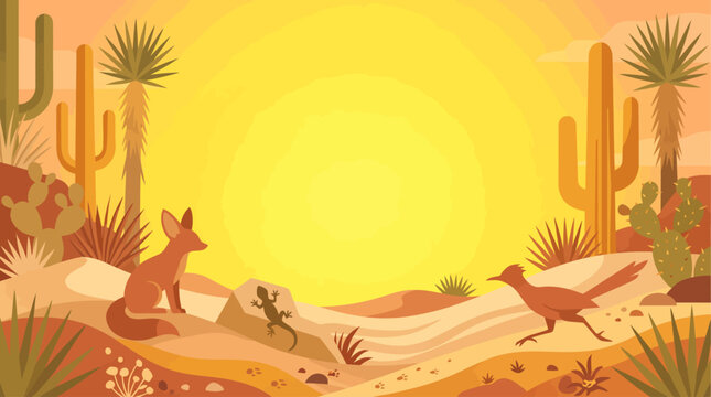 Vibrant desert landscape illustration at sunset with a fox, roadrunner, and lizard among saguaro cacti and arid plants under a bright sun.