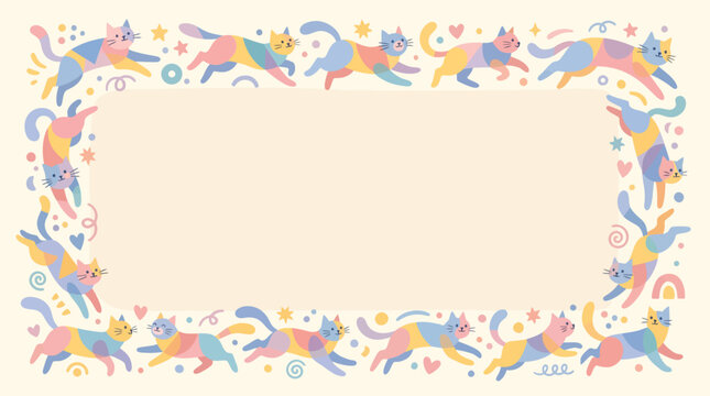 Cute pastel patchwork cats running and jumping around a rectangular frame with a light background and whimsical decorative elements.