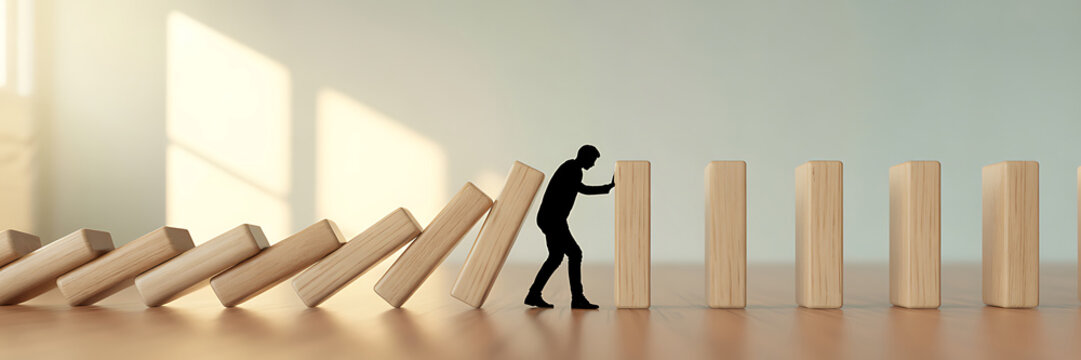 Businessman stopping domino effect with one block to prevent falling down, concept of risk management and crisis prevention in office